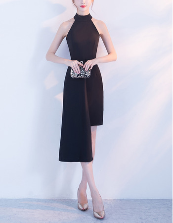 Affordable Halter Mini/ Short Satin Black Semi Formal Cocktail Dress