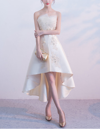 Elegant Strapless Asymmetric High-Low Satin Formal Cocktail Dress