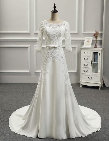 Affordable Retro Court Train Chiffon Wedding Dress with 3/4 Long Sleeves