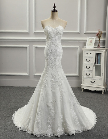 Cheap Custom Elegant Trumpet Sweetheart Floor Length Applique Wedding Dress