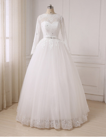 Inexpensive Classic Ball Gown Floor Length Wedding Dress with Long Sleeves