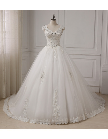 Cheap Classic A-Line V-Neck Sleeveless Chapel Train Organza Wedding Dress