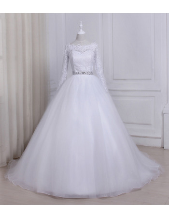 Elegant Modern Ball Gown Floor Length Wedding Dress with Long Lace Sleeves