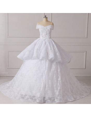 New Amazing Ball Gown Off-the-shoulder Chapel Train Lace Wedding Dress