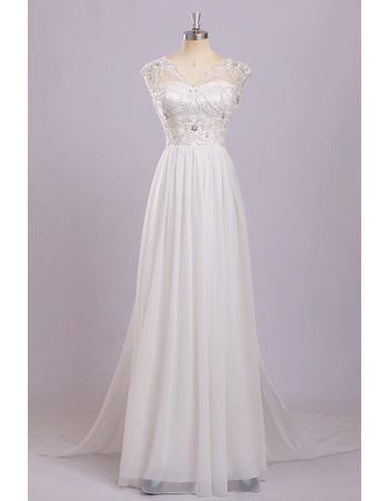 Inexpensive Simple Classic V-Neck Sleeveless Floor Length Chiffon Wedding Dress