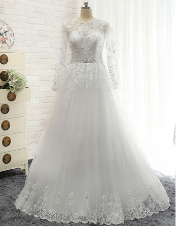 Vintage A-Line Floor Length Tulle Plus Size Wedding Dress with Long Sleeves