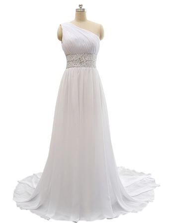 Custom One Shoulder Sweep Train Chiffon Lace-Up Plus Size Wedding Dress