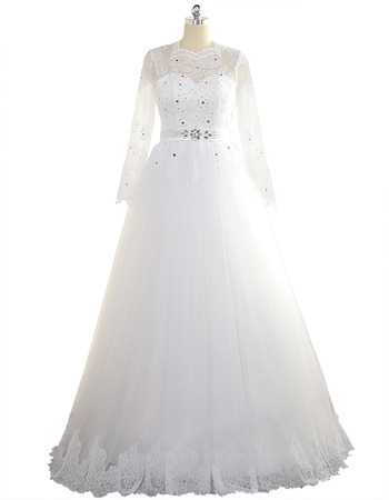 Custom A-Line Floor Length Tulle Plus Size Wedding Dress with Long Sleeves