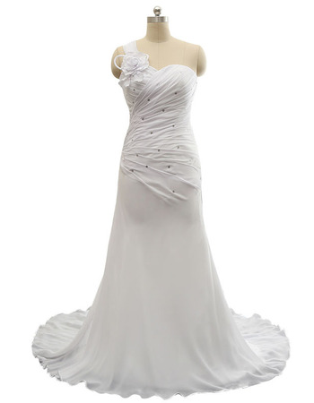 Elegant One Shoulder Sweetheart Sweep Train Chiffon Plus Size Wedding Dress