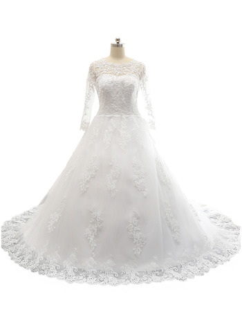 Classic A-Line Court Train Satin Tulle Plus Size Wedding Dress with Long Sleeves