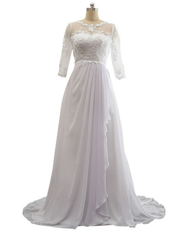 Custom Sweep Train Chiffon Plus Size Wedding Dress with 3/4 Long Sleeves