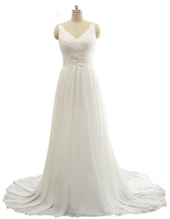 Custom V-Neck Sweep Train Plus Size Chiffon Wedding Dress with Straps