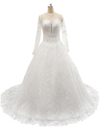 Modest A-Line Court Train Plus Size Lace Wedding Dress with Long Sleeves