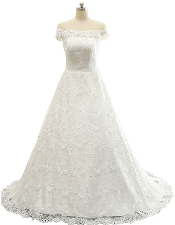 Elegant A-Line Off-the-shoulder Sweep Train Plus Size Lace Wedding Dress