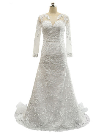 Classic V-Neck Floor Length Plus Size Lace Wedding Dress with Long Sleeves