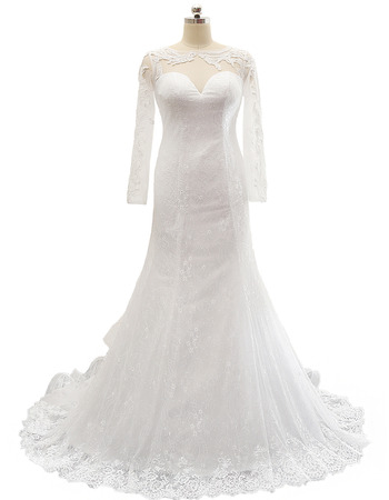 New Style Sweep Train Lace Plus Size Wedding Dress with Long Sleeves
