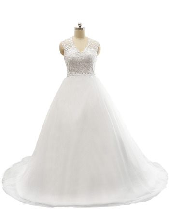 Custom A-Line V-Neck Court Train Satin Organza Plus Size Wedding Dress