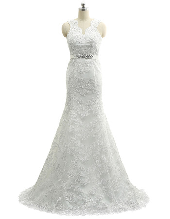 Elegant Sheath V-Neck Sleeveless Sweep Train Lace Wedding Dress