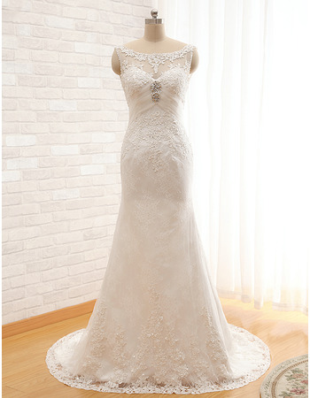 Modest Sheath Sleeveless Sweep Train Satin Organza Wedding Dress