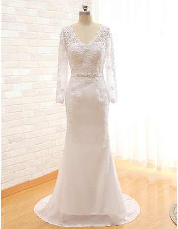 V-Neck Sweep Train Plus Size Wedding Dress with Long Sleeves