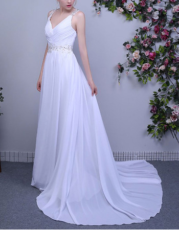 Simple V-Neck Sleeveless Sweep Train Chiffon Wedding Dress