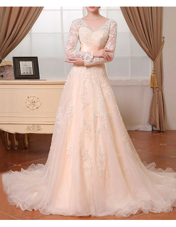Modern V-Neck Sweep Train Lace Wedding Dress with Long Sleeves