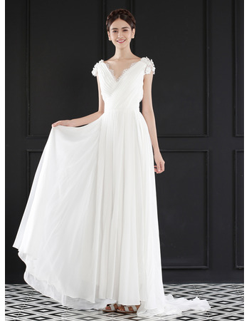 Chic V-Neck Floor Length Chiffon Wedding Dress with Short Sleeves