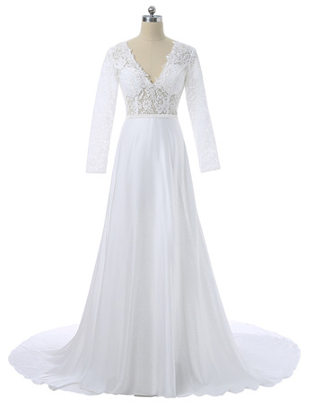 Classic V-Neck Satin Wedding Dress with Long Lace Sleeves