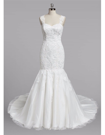 Stunning Trumpet Sweetheart Straps Sweep Train Lace Wedding Dress