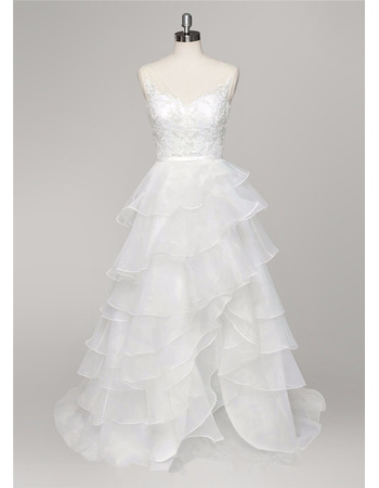 Stylish V-Neck High-Low Organza Layered Skirt Wedding Dress with Straps