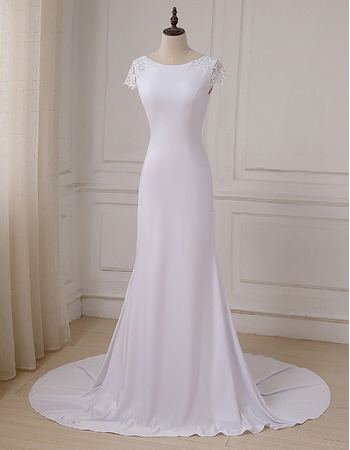 Modest Sheath Sweep Train Satin Wedding Dress with Short Sleeves