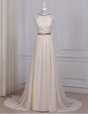 Modern Halter Sweep Train Chiffon Lace Champagne Wedding Dress