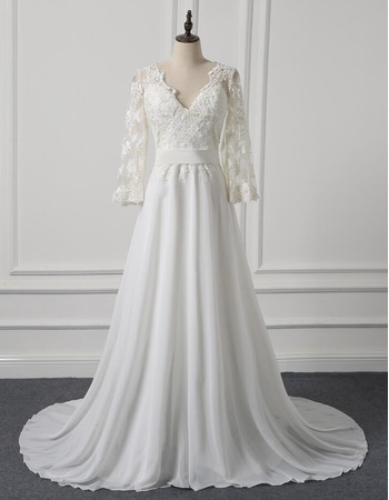 Modern V-Neck Sweep Train Chiffon Plus Size Wedding Dress with 3/4 Long Sleeves