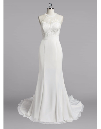 Classic Sheath Halter Sleeveless Sweep Train Plus Size Chiffon Wedding Dress