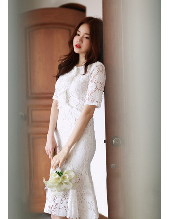 Designer Trumpet Short Sleeves Knee Length Lace Reception Wedding Dress