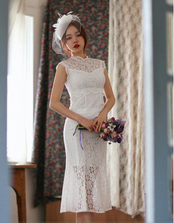 Designer Trumpet Sleeveless Tea Length Lace Reception Wedding Dress