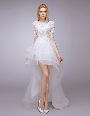 Designer High-Low Petite Wedding Dress with Short Sleeves