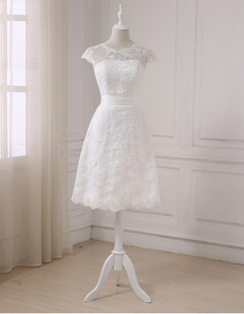 Modern Cap Sleeves Knee Length Lace Petite Wedding Dress