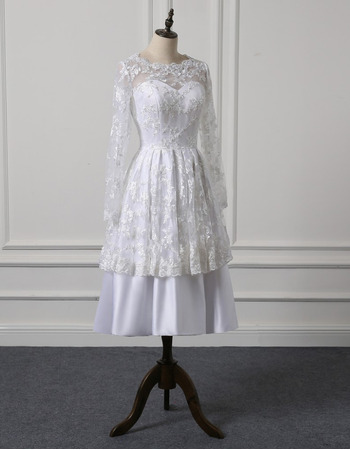 Chic Tea Length Lace Taffeta Wedding Dress with Long Sleeves