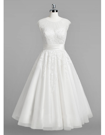 Modest A-Line Sleeveless Tea Length Reception Wedding Dress