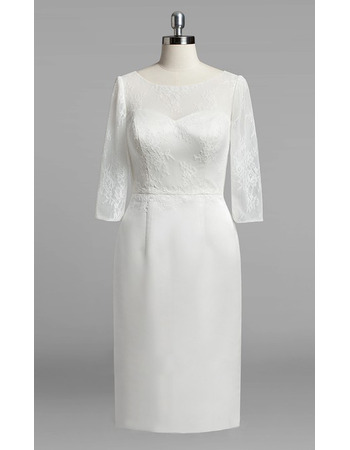 Column Knee Length Plus Size Wedding Dress with 3/4 Long Sleeves