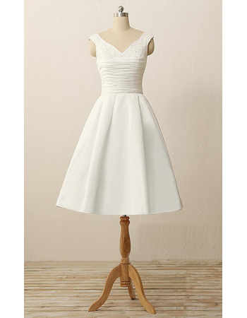 Classic A-Line V-Neck Knee Length Satin Reception Wedding Dress