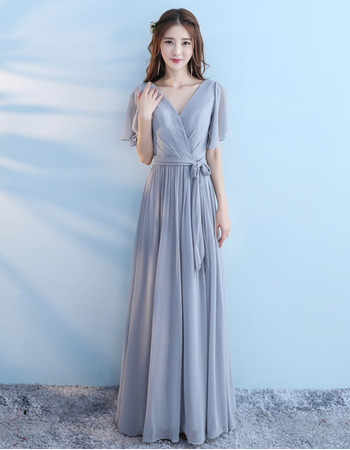 Custom Romantic V-Neck Short Sleeves Long Chiffon Bridesmaid Dress