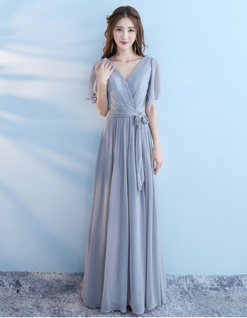 Custom Romantic V-Neck Short Sleeves Long Chiffon Bridesmaid Dress