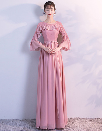 New Style Long Chiffon Formal Evening Dress with 3/4 Long Sleeves