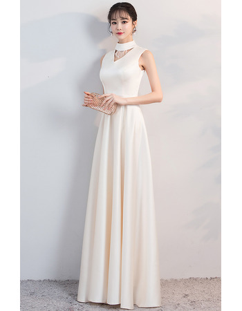 Custom Mock Neck Sleeveless Floor Length Satin Formal Evening Dress