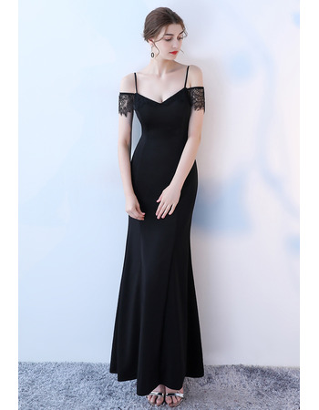 Sexy Spaghetti Straps Long Formal Evening Dress with Short Lace Sleeves