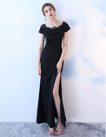 Custom Sheath Short Sleeves Floor Length Satin Formal Evening Dress with Slit