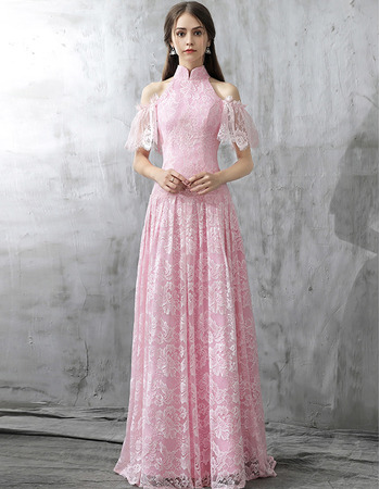 Elegant Mandarin Collar Cold Shoulder Long Lace Formal Evening Dress