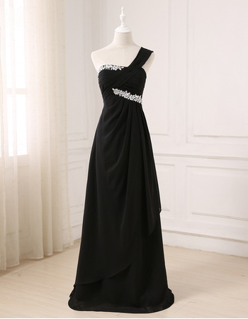 Elegant One Shoulder Floor Length Chiffon Black Formal Evening Dress